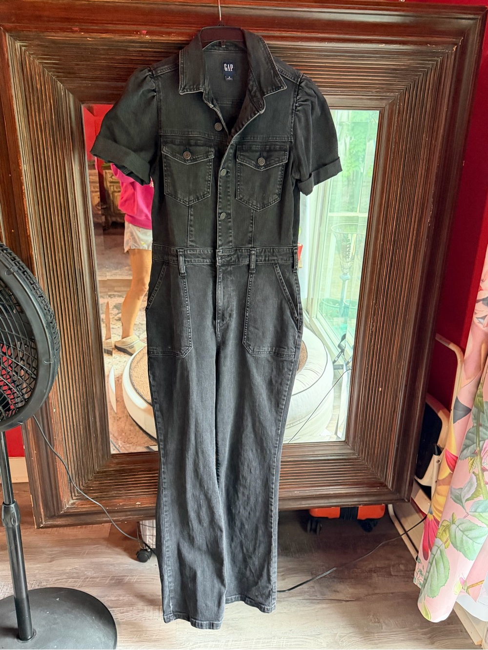 GAP Black Short-Sleeve Denim Jumpsuit